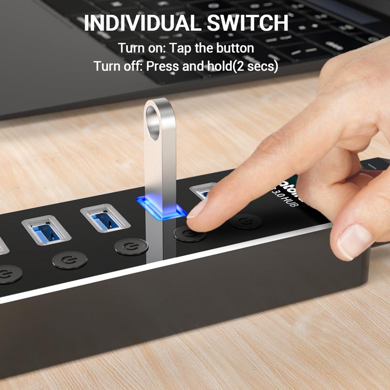 atolla Powered USB Hub, atolla Aluminum 5-Port USB 3.0 Hub with 4 USB 3.0 Data Ports and 1 USB Smart Charging Port, USB Splitter with 5V/3A Power Adapter and Individual Switches - Image 4